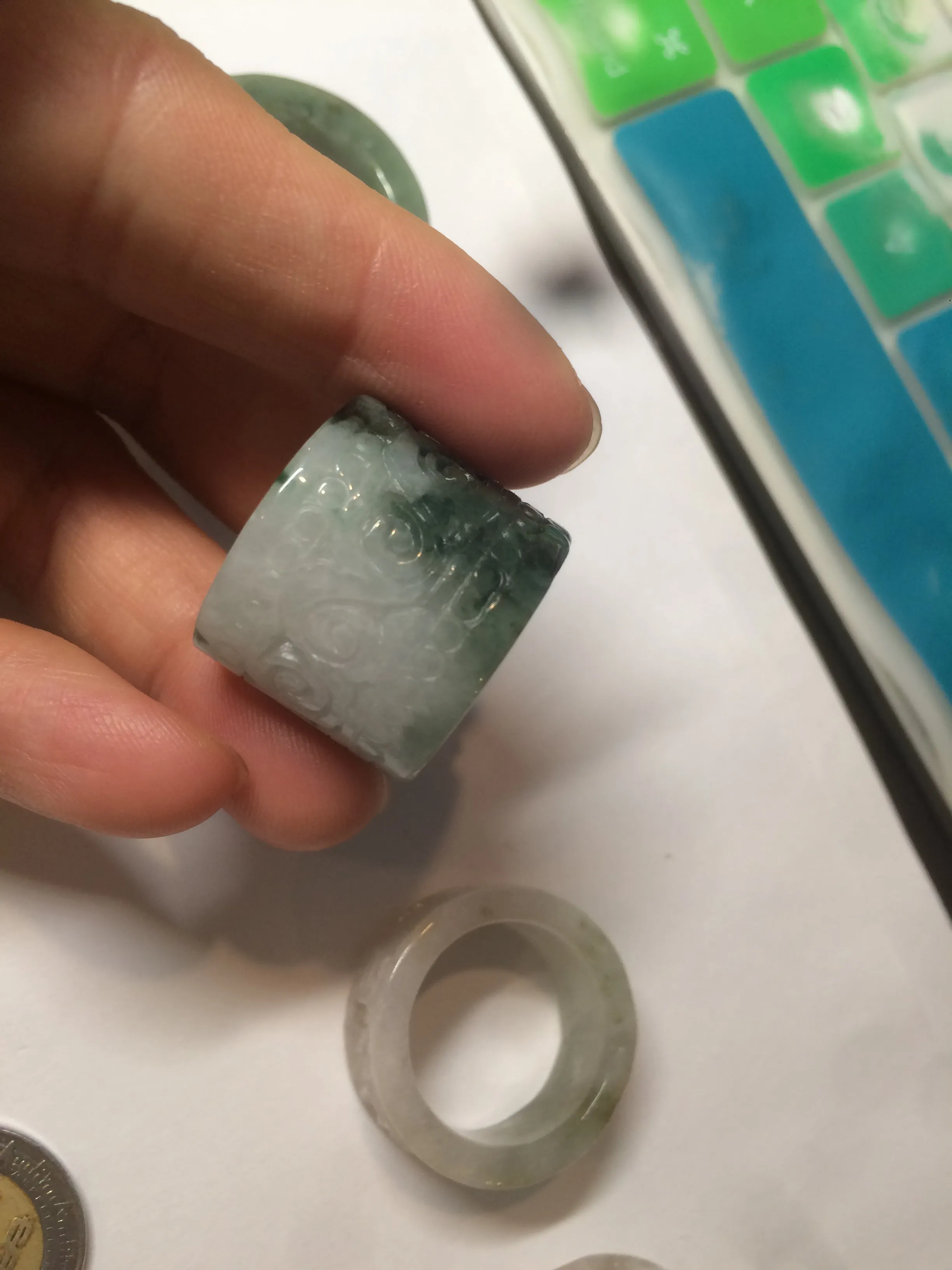 100% Natural type A craved ancient Chinese characters jadeite jade broad ring AS80