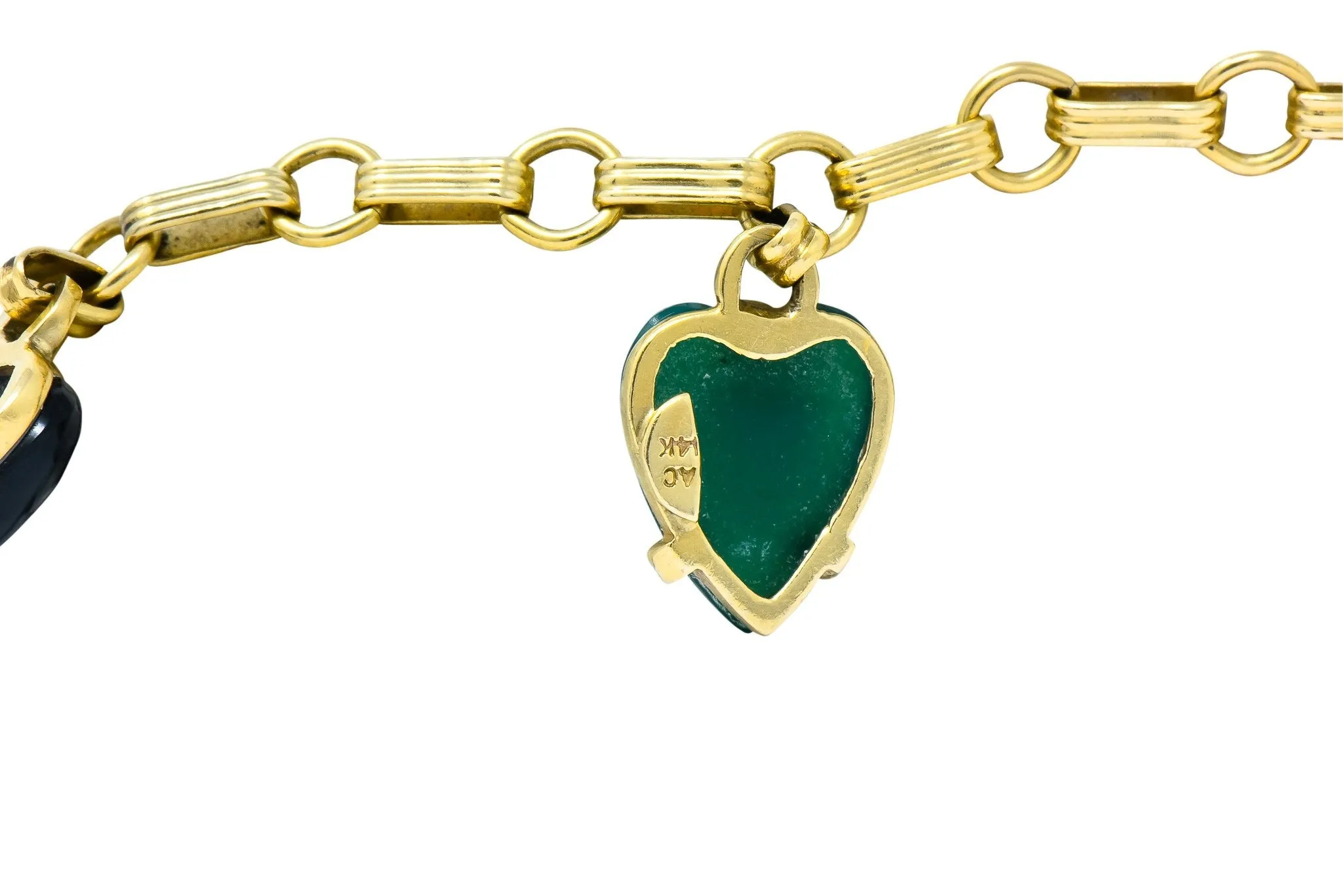 1940's Retro Agate 14 Karat Gold Heart Charm Bracelet