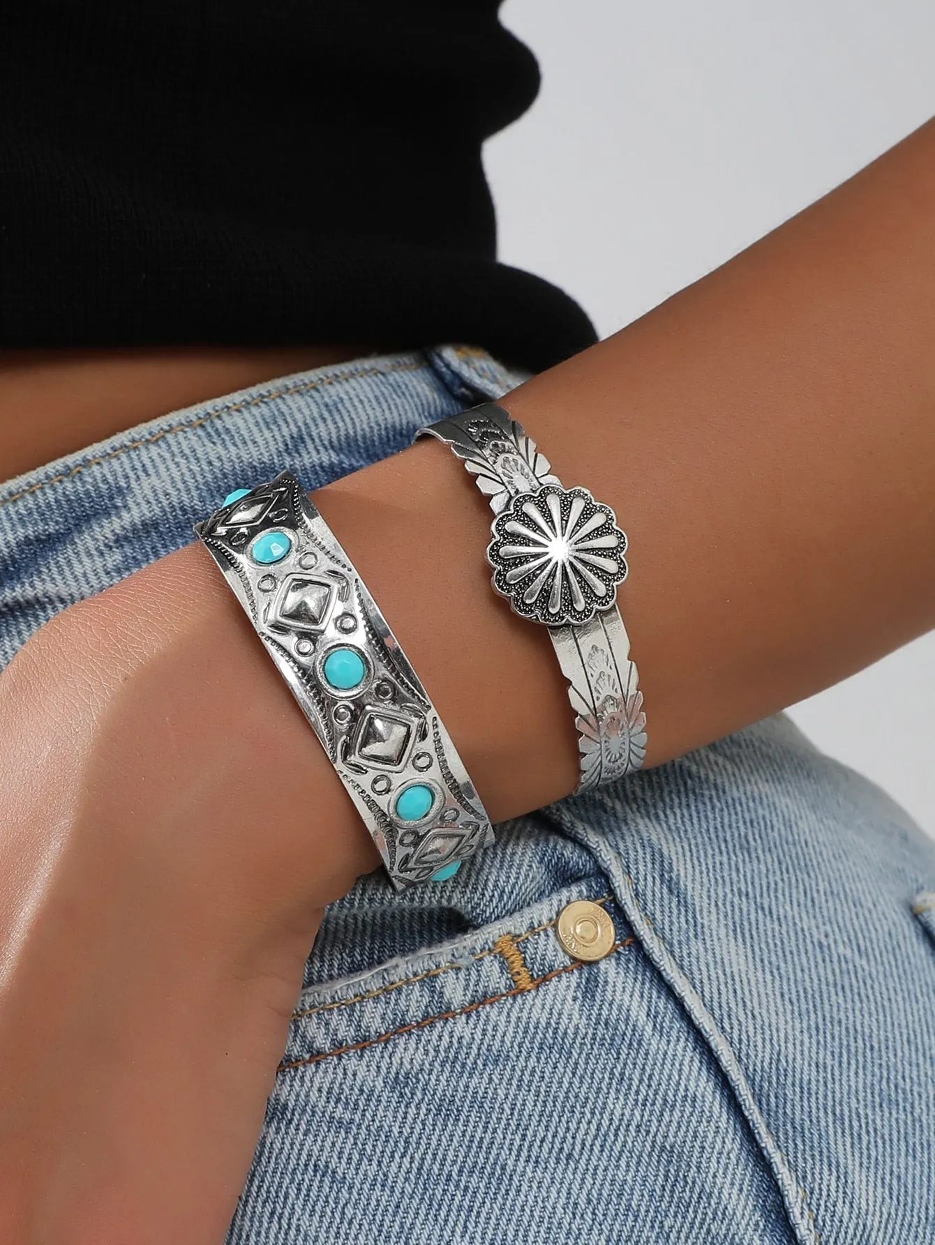 2Pcs Western Style Silver Color Metal Cuff Bangle Bracelet Set Turquoise Jewelry