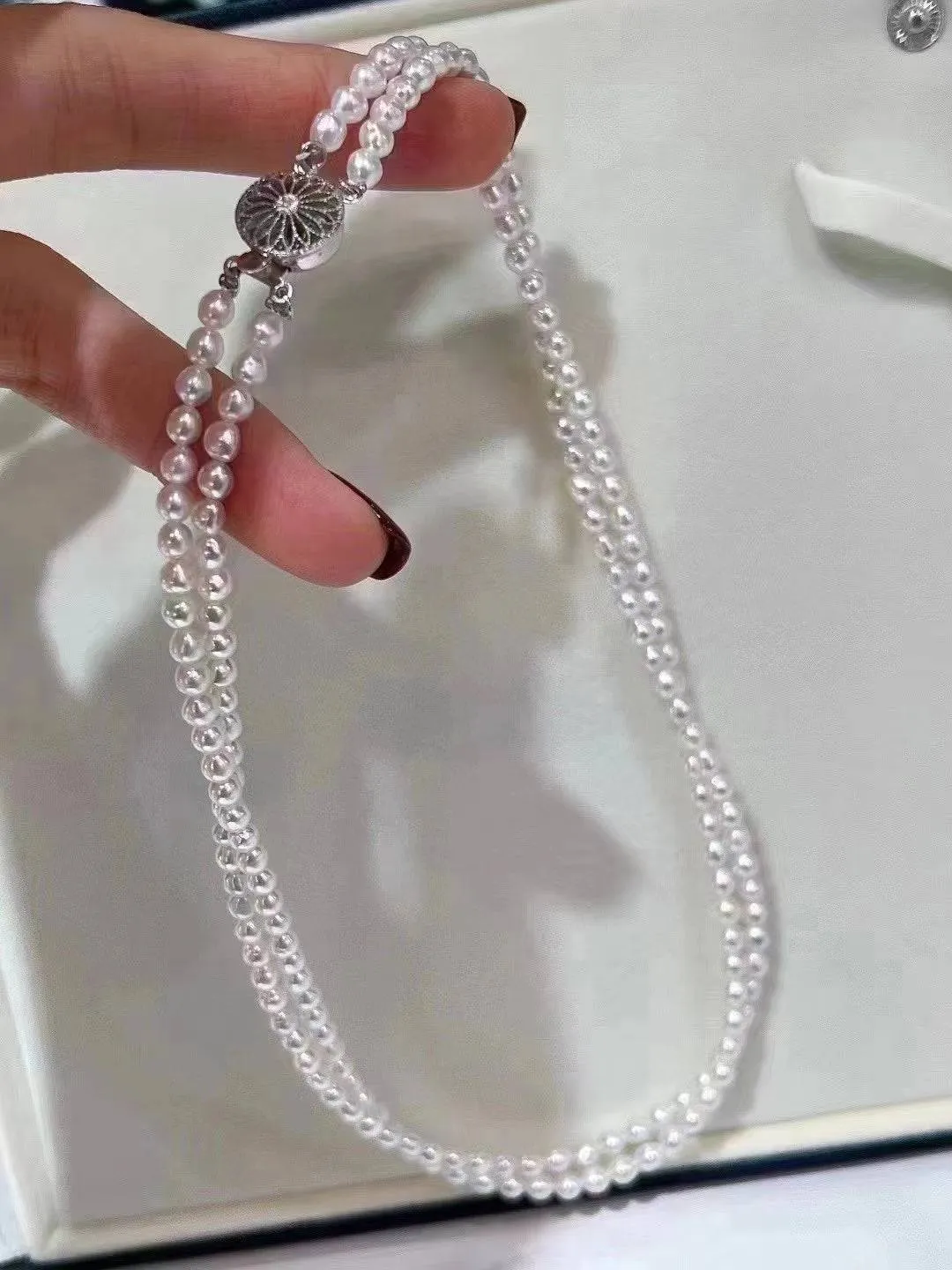 3-4mm Dainty White Freshwater Pearl Dual Strand Necklace