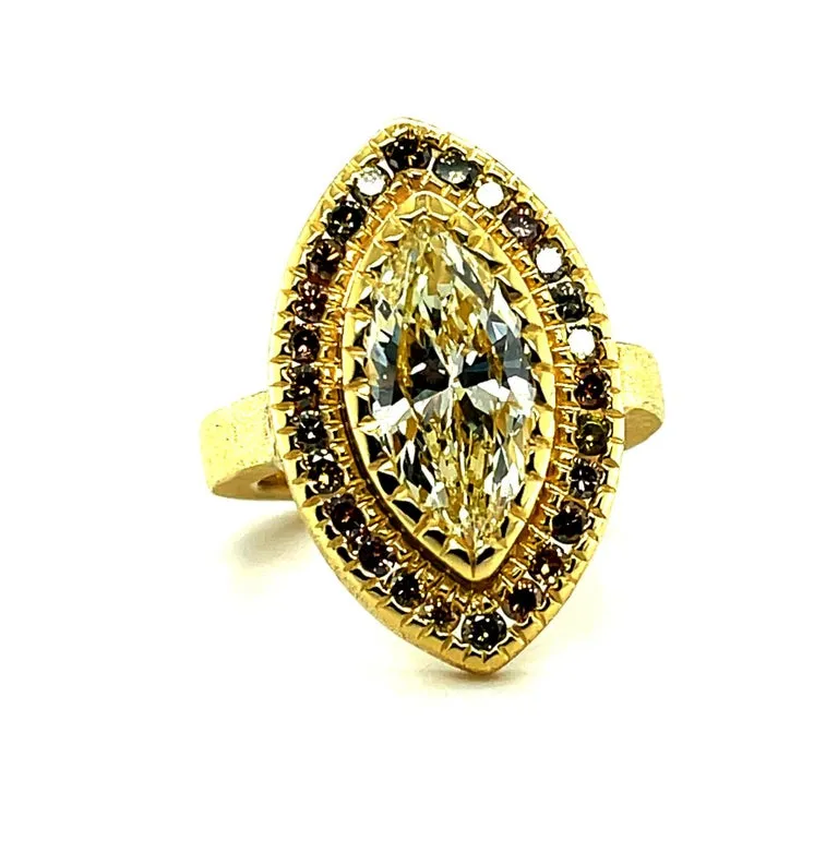 3.54 Carat Marquise Diamond Ring, 22K Yellow Gold with Fancy Colored Diamonds