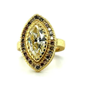 3.54 Carat Marquise Diamond Ring, 22K Yellow Gold with Fancy Colored Diamonds