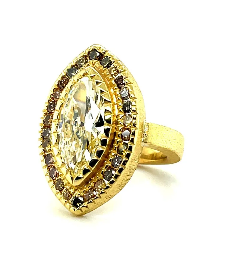3.54 Carat Marquise Diamond Ring, 22K Yellow Gold with Fancy Colored Diamonds