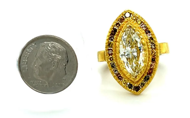 3.54 Carat Marquise Diamond Ring, 22K Yellow Gold with Fancy Colored Diamonds