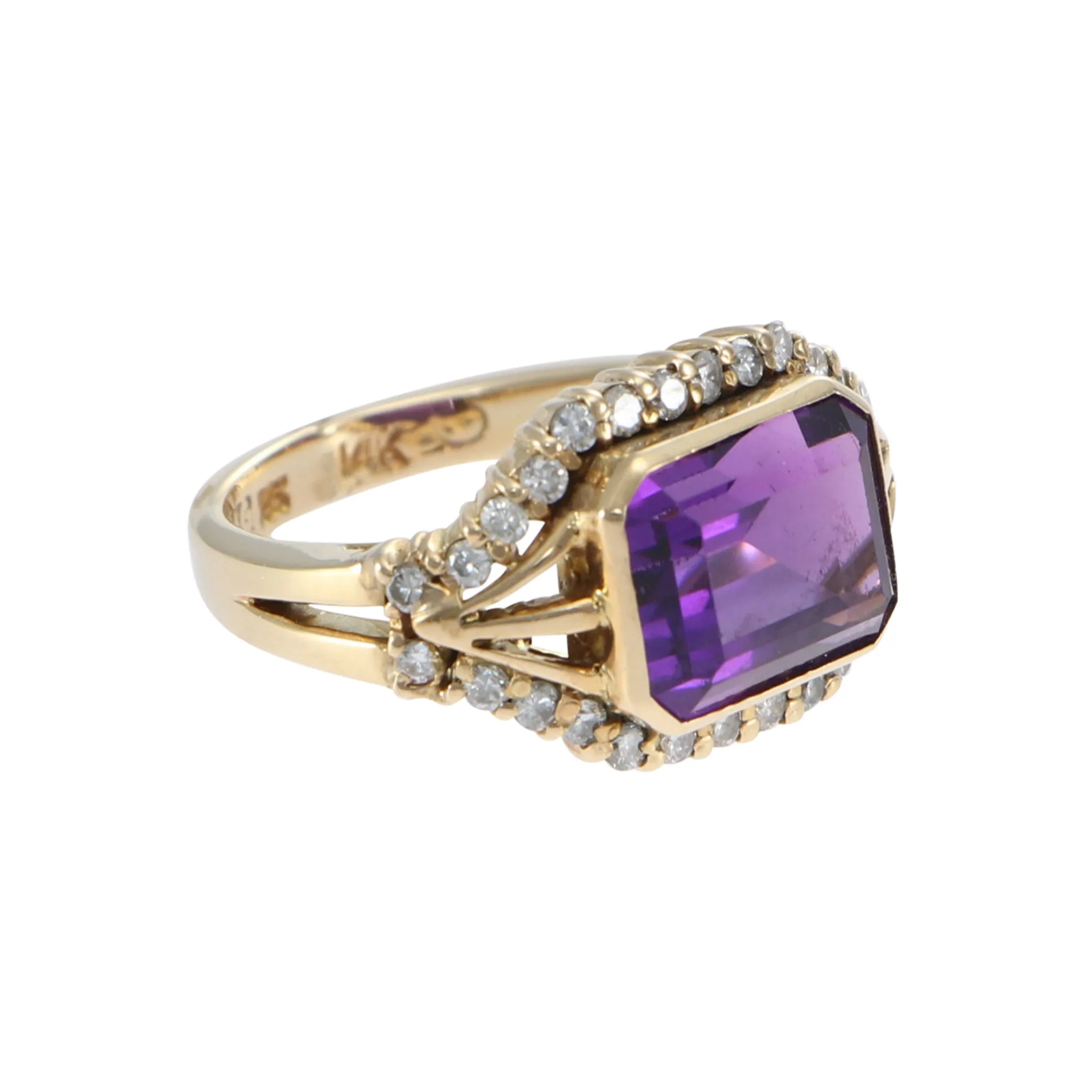 5.56CTW Emerald Shape Ametheyst Diamond Cocktail Ring 14k Yellow Gold Vintage
