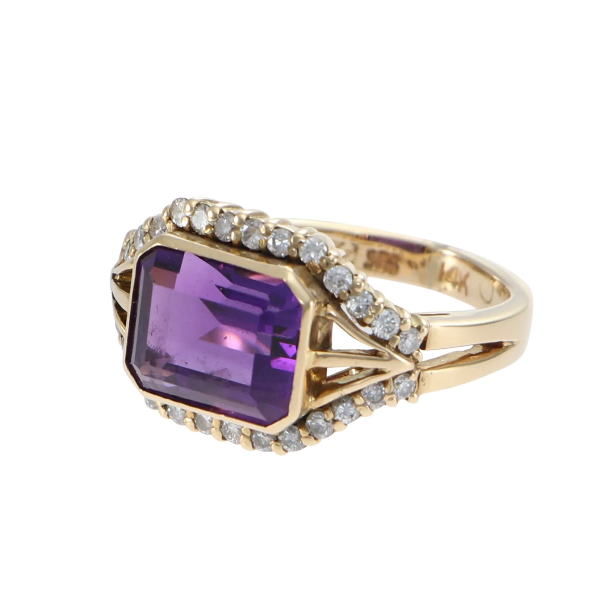5.56CTW Emerald Shape Ametheyst Diamond Cocktail Ring 14k Yellow Gold Vintage