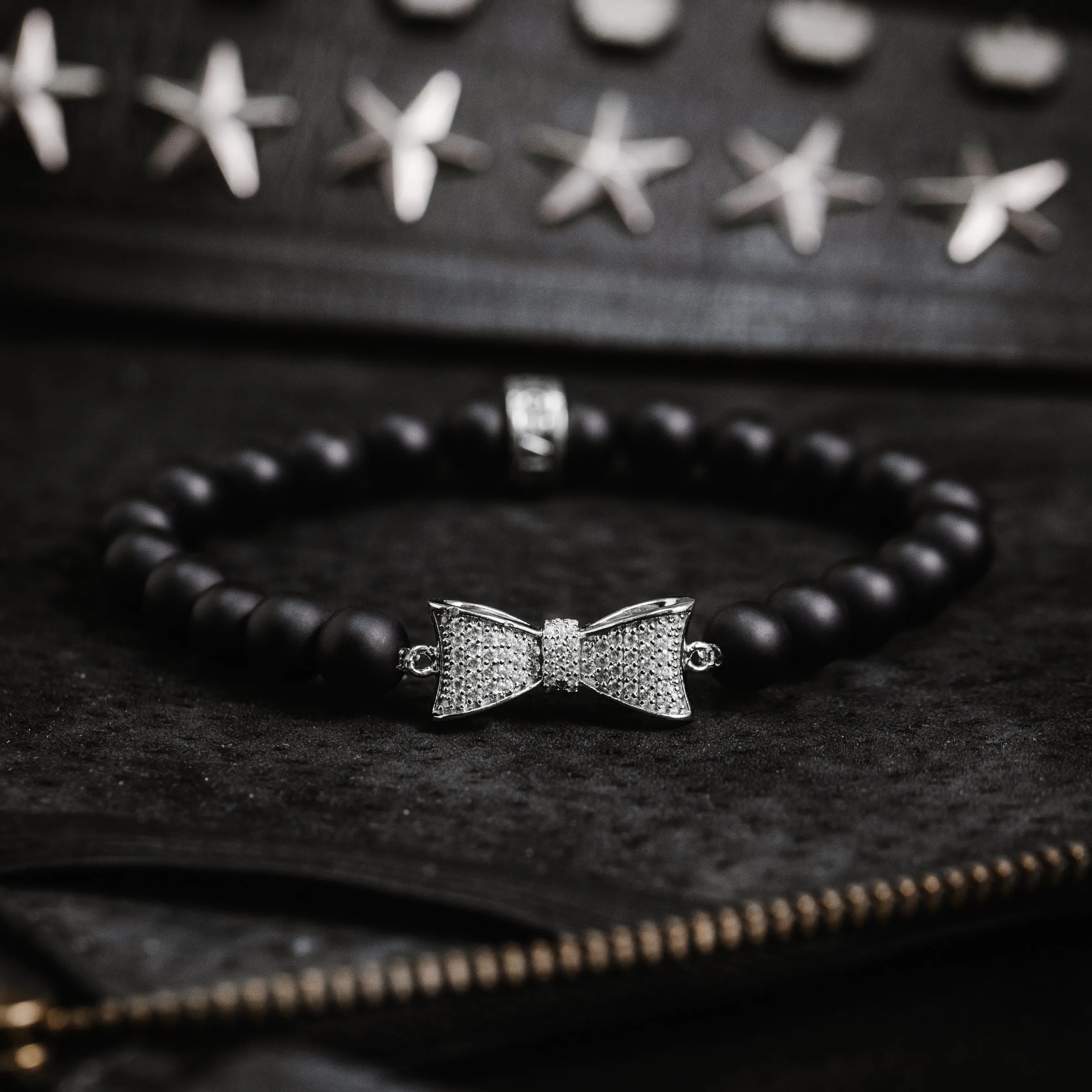 8mm Onyx Bead Bracelet w/ Silver CZ Bow