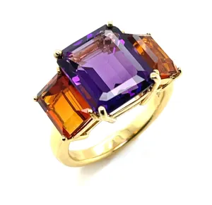 Amethyst and Citrine Emerald-Cut, Yellow Gold Three-Stone Cocktail Ring