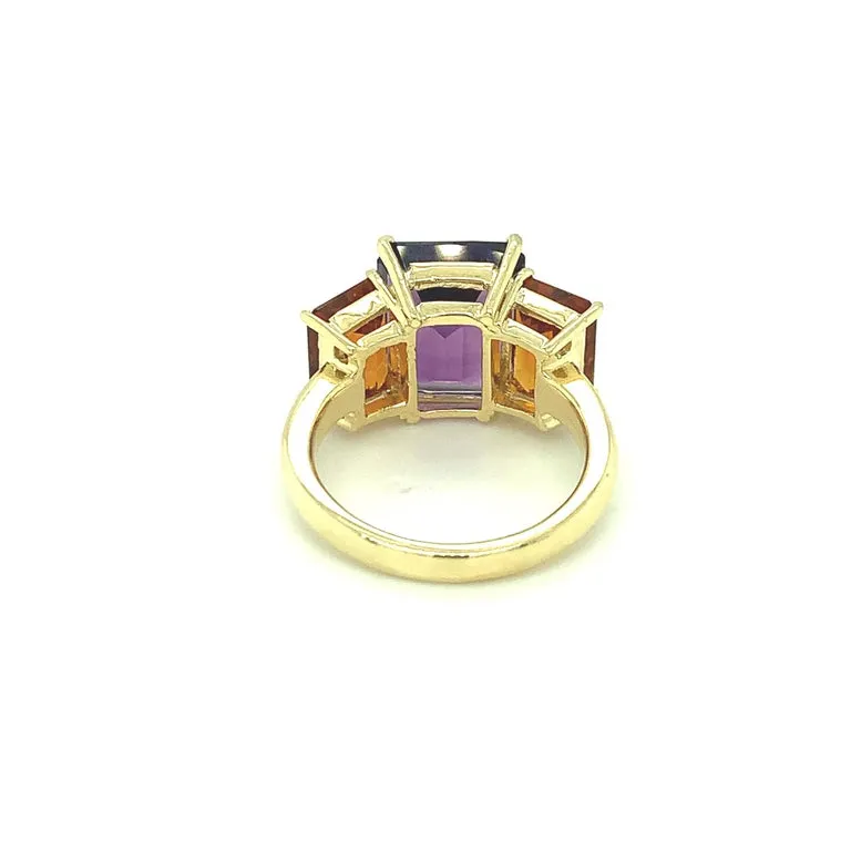 Amethyst and Citrine Emerald-Cut, Yellow Gold Three-Stone Cocktail Ring