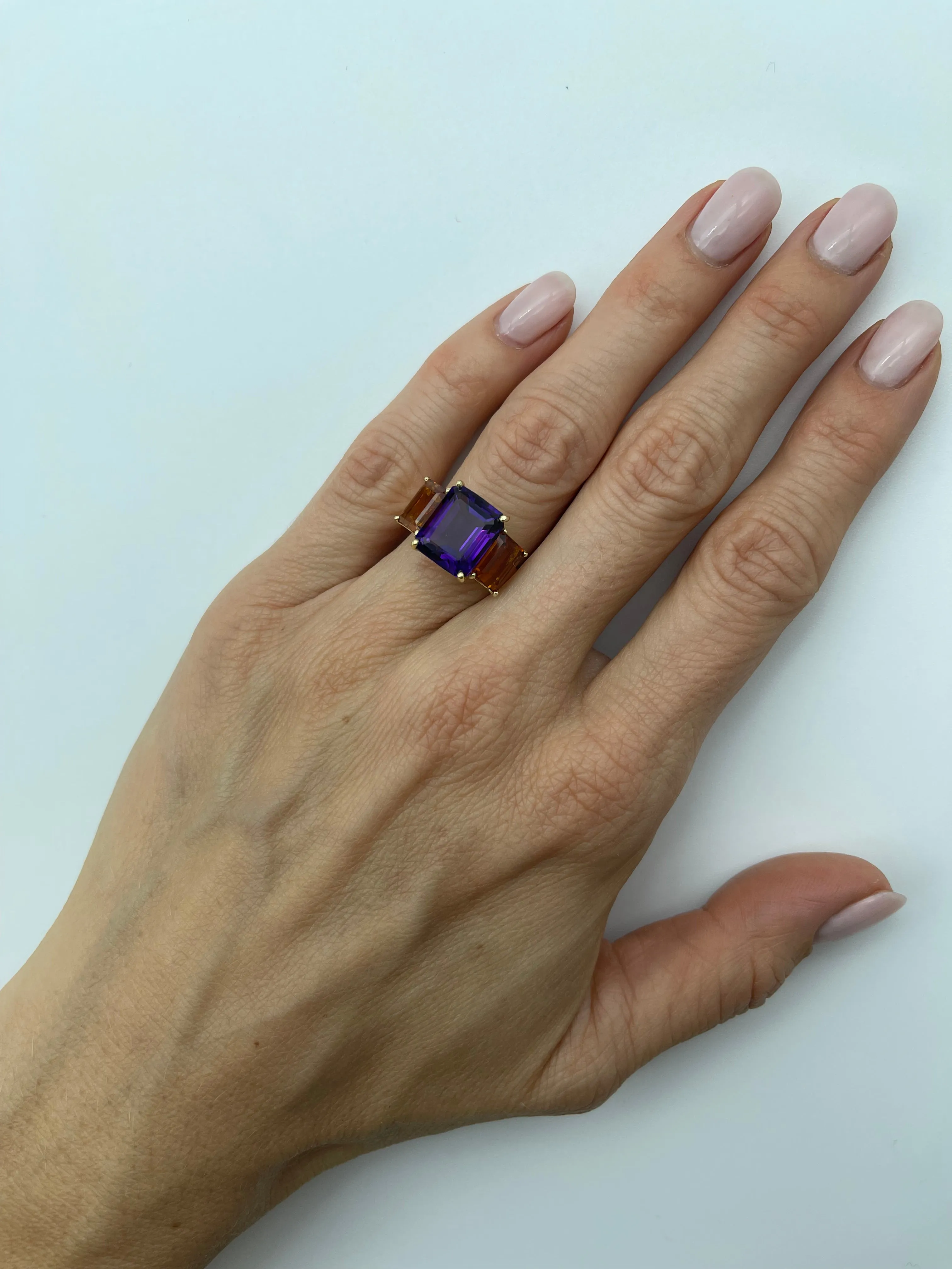 Amethyst and Citrine Emerald-Cut, Yellow Gold Three-Stone Cocktail Ring