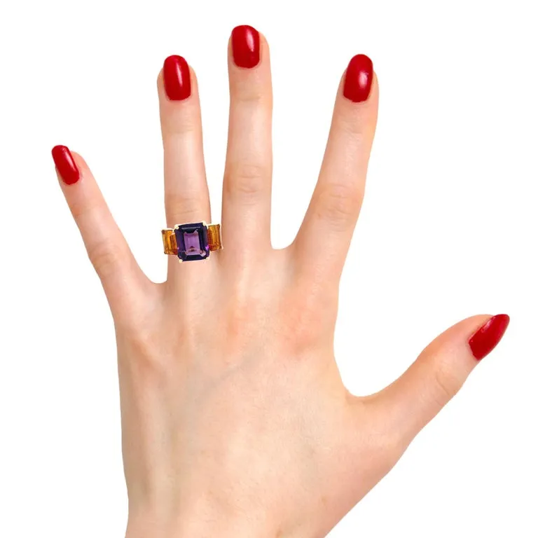 Amethyst and Citrine Emerald-Cut, Yellow Gold Three-Stone Cocktail Ring