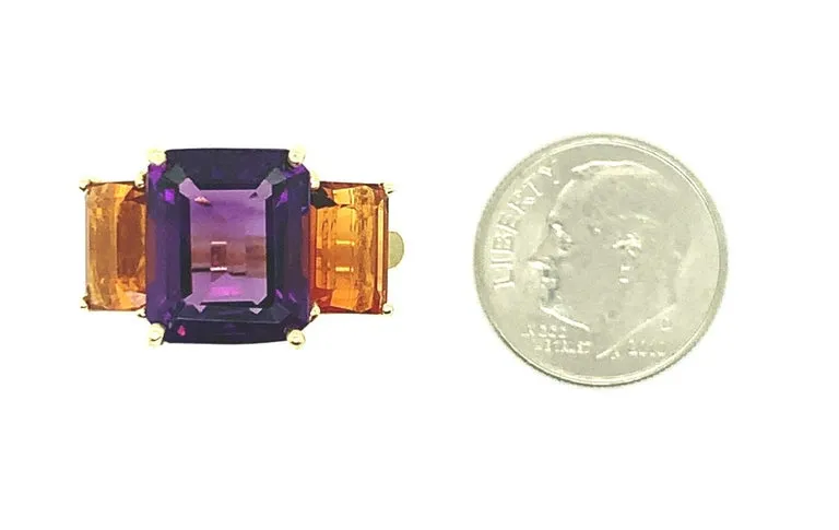 Amethyst and Citrine Emerald-Cut, Yellow Gold Three-Stone Cocktail Ring