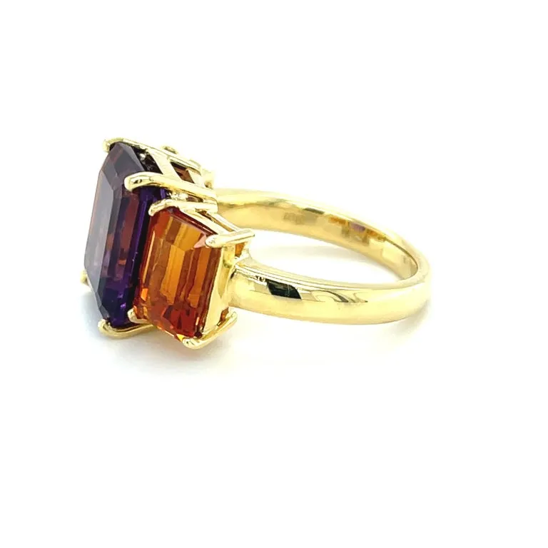 Amethyst and Citrine Emerald-Cut, Yellow Gold Three-Stone Cocktail Ring