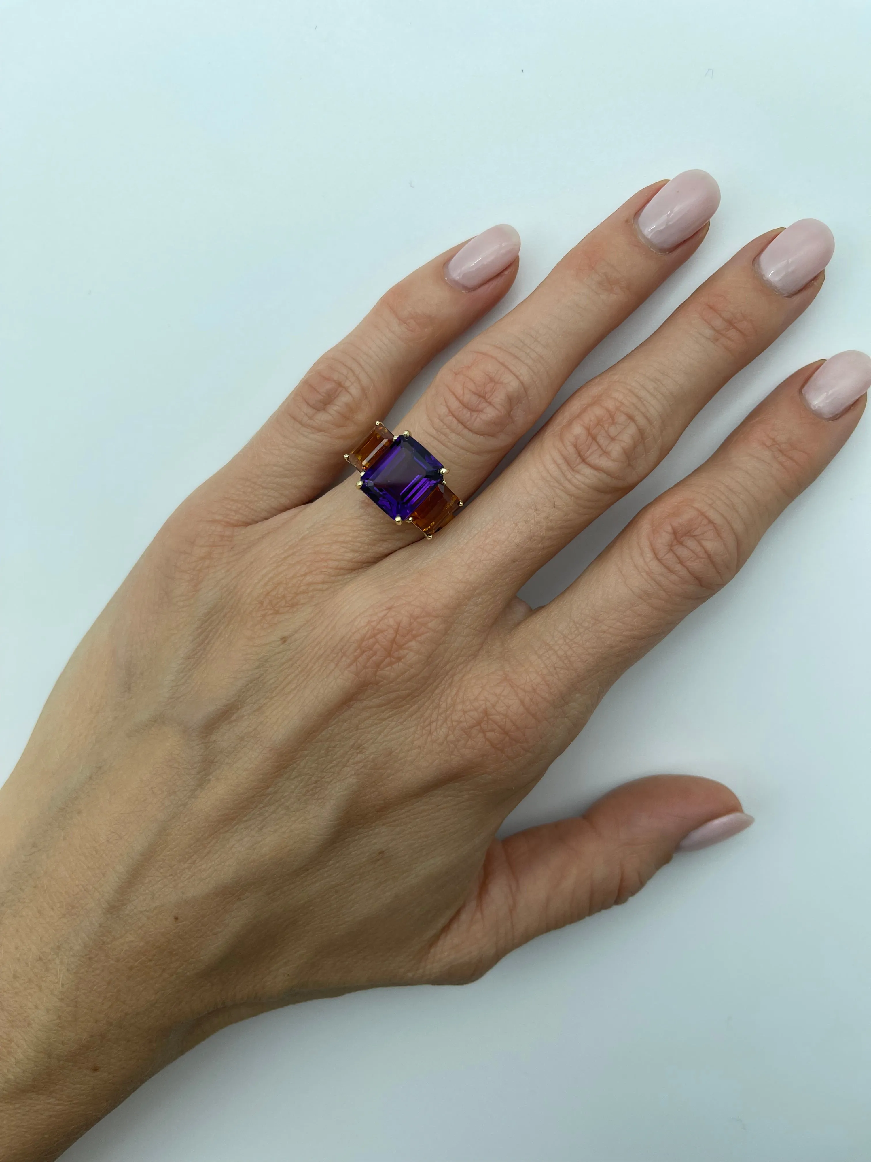 Amethyst and Citrine Emerald-Cut, Yellow Gold Three-Stone Cocktail Ring