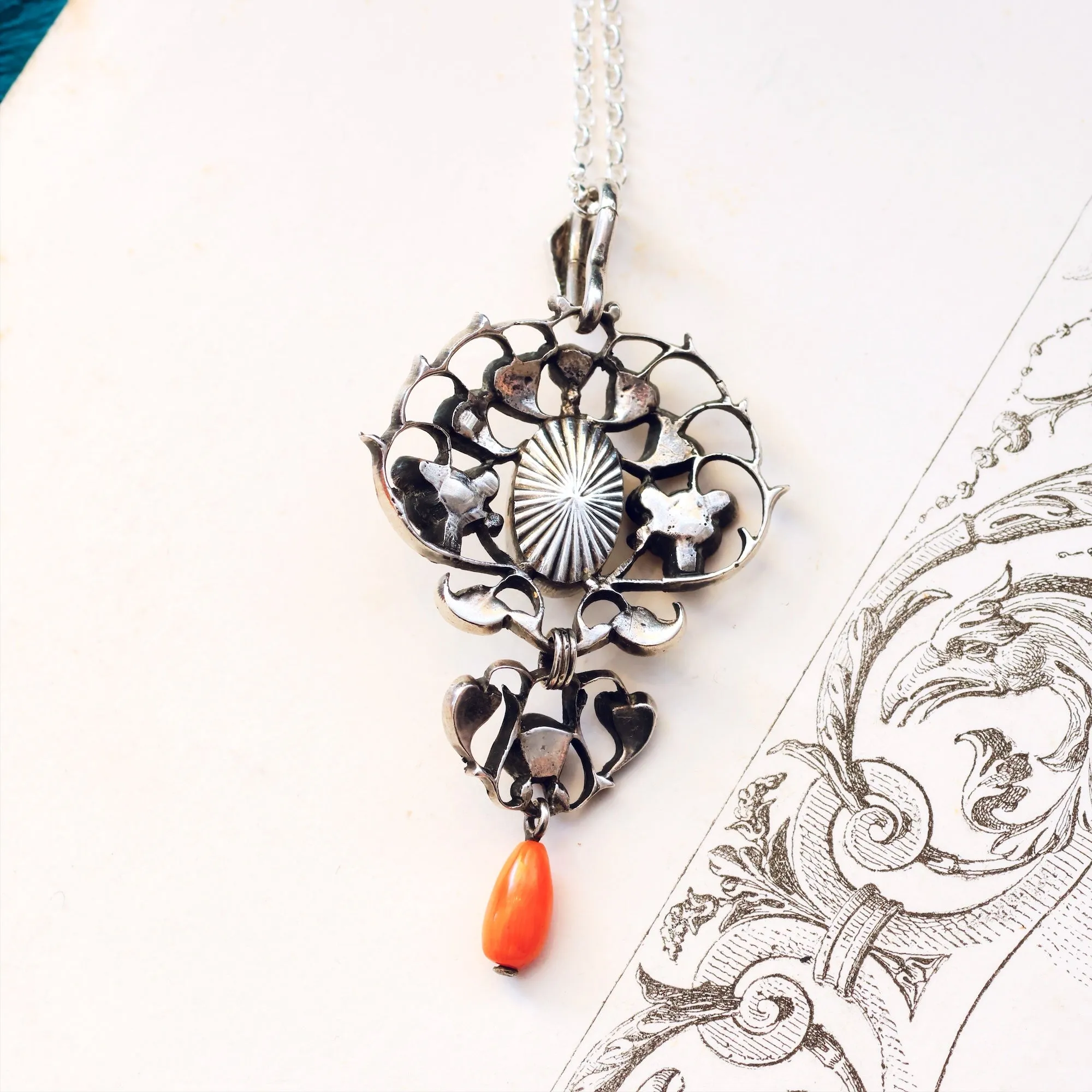 Antique Coral, Mother of Pearl & Marcasite Pendant
