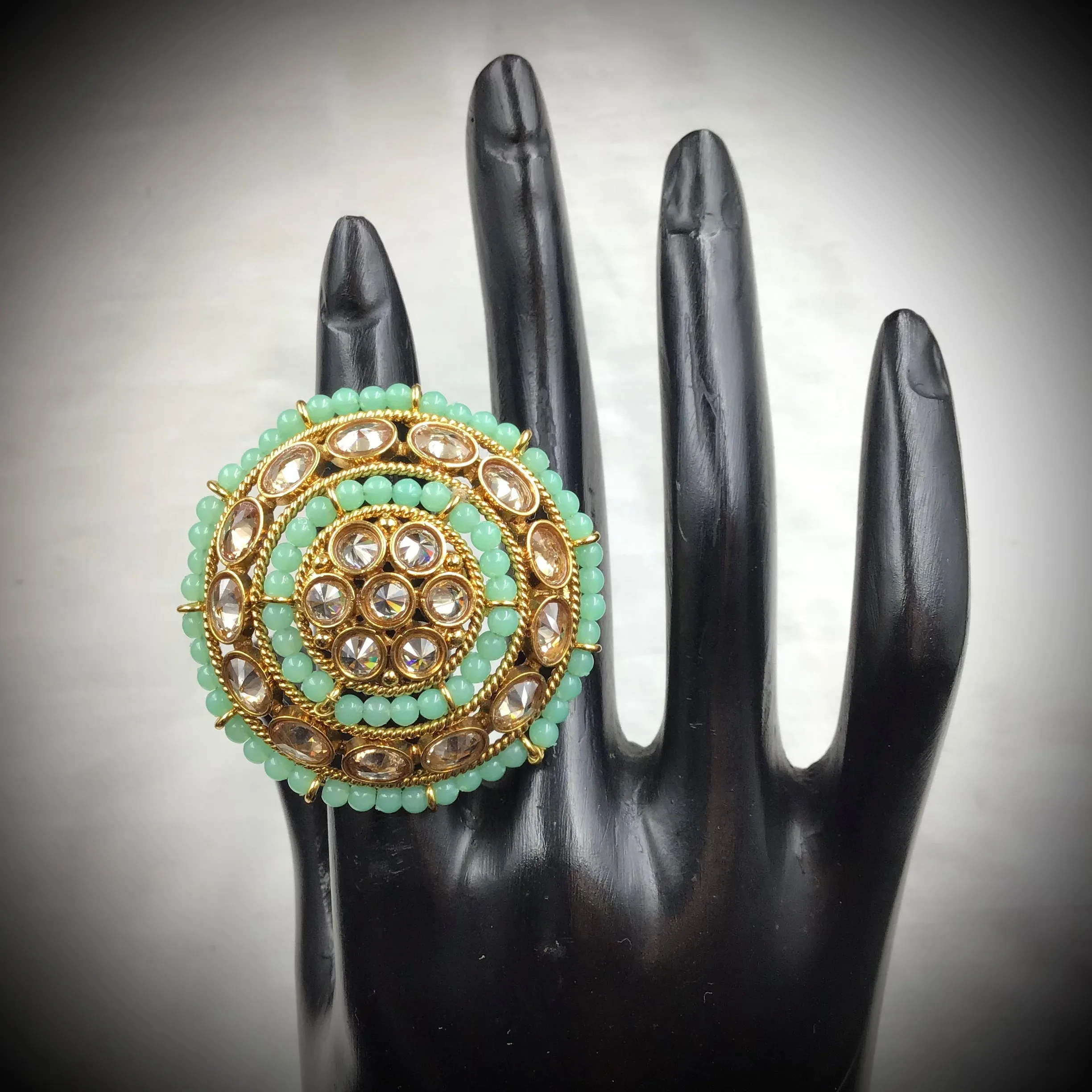 Antique Finish Cocktail Adjustable Mint Green Ring 12254-8611