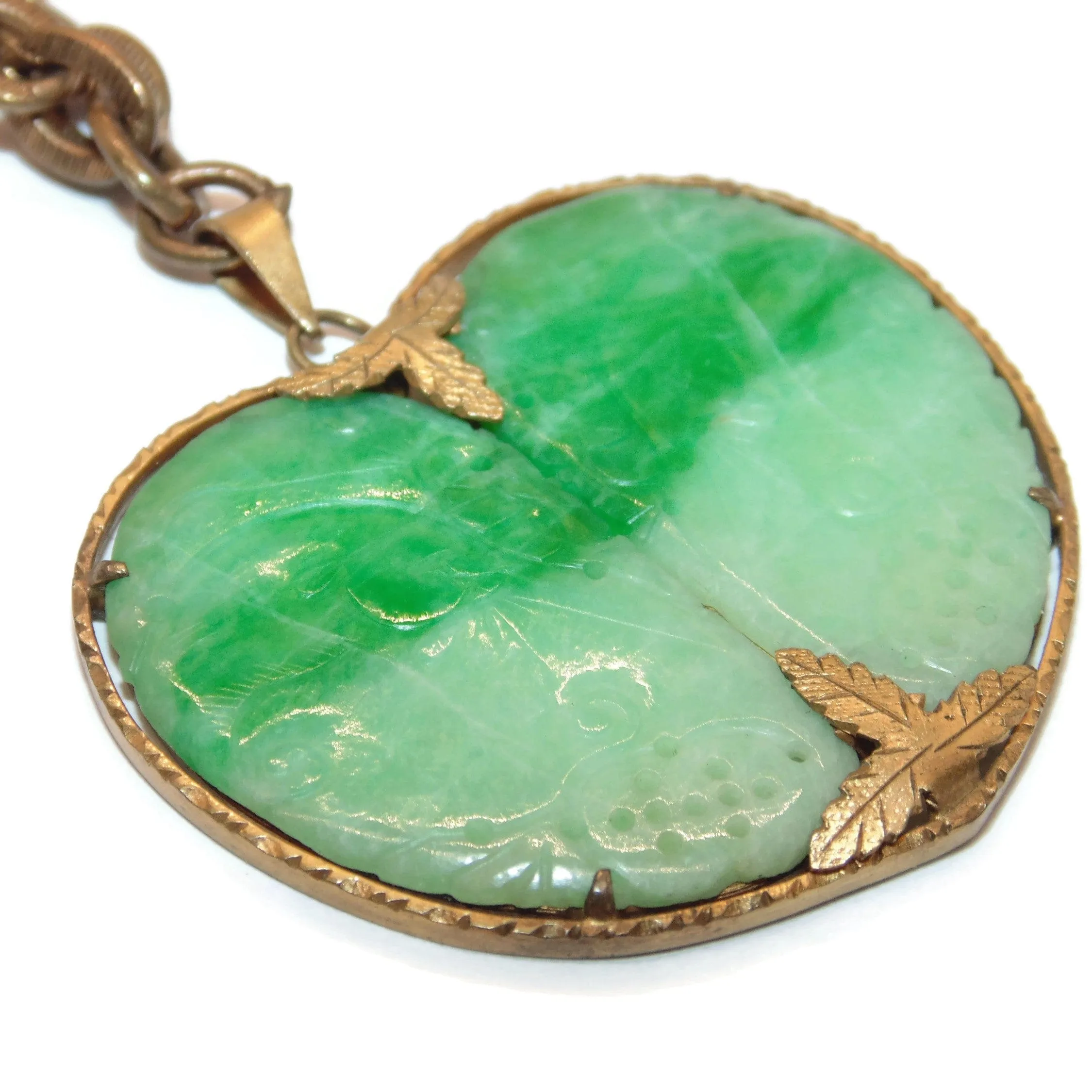 Antique Jade Carved Butterfly Wings Front Necklace in Gold Plated