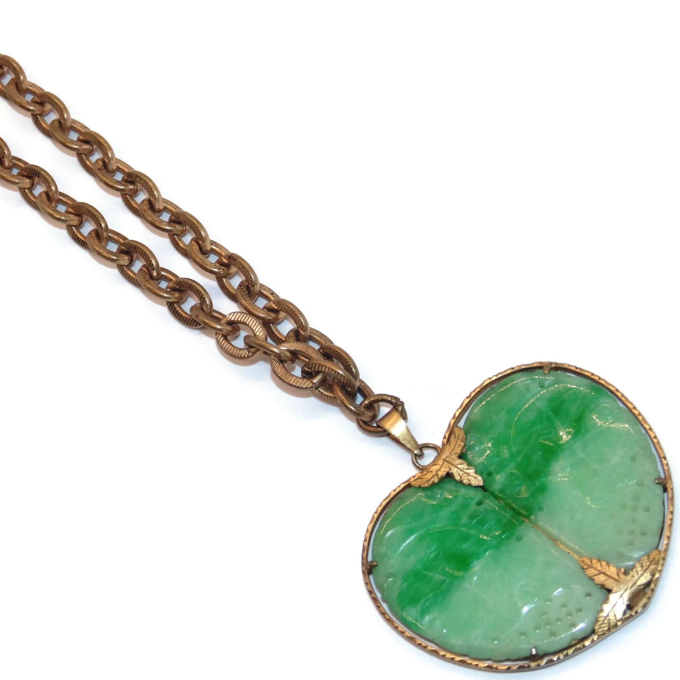 Antique Jade Carved Butterfly Wings Front Necklace in Gold Plated