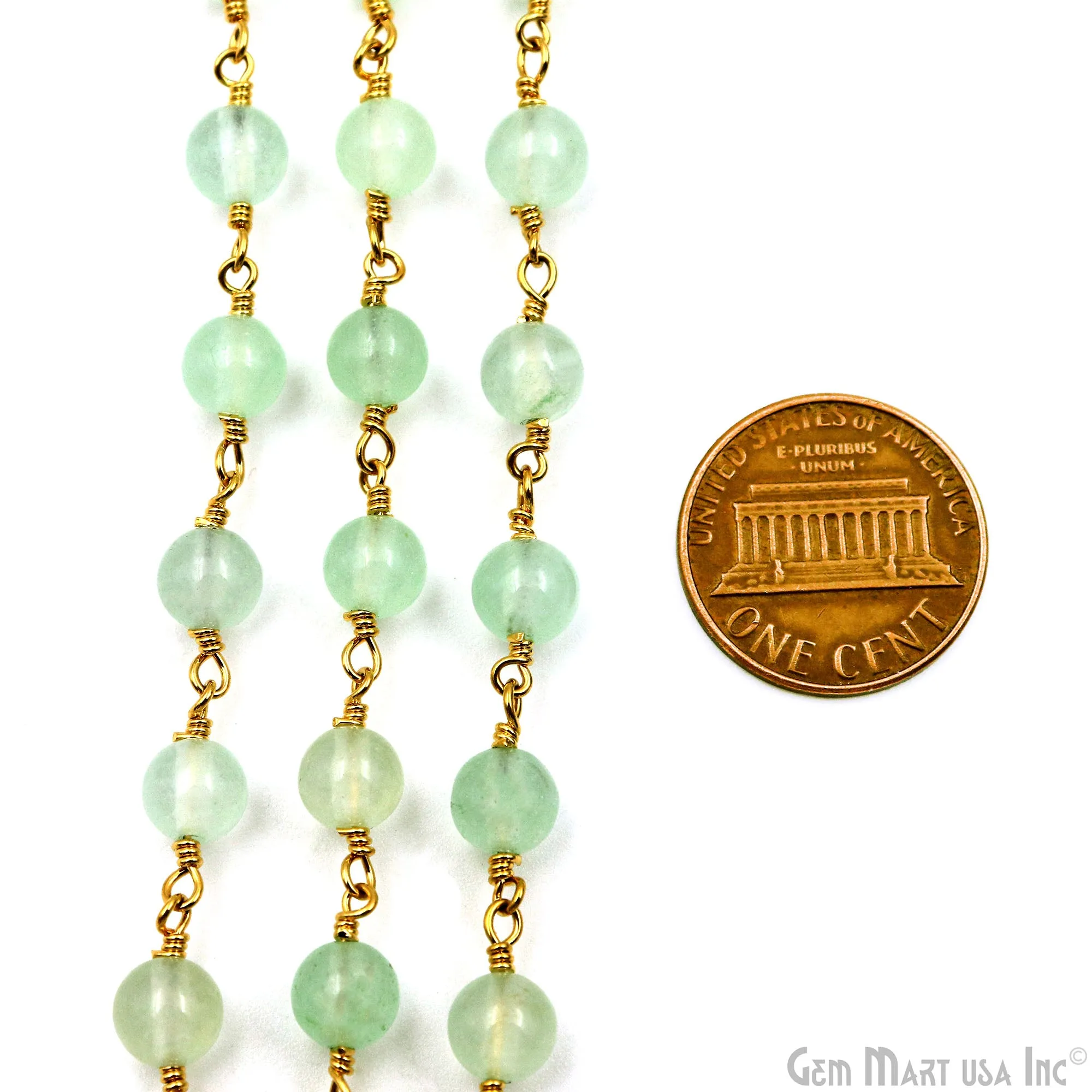 Aqua Jade Cabochon Beads 6mm Gold Plated Gemstone Rosary Chain