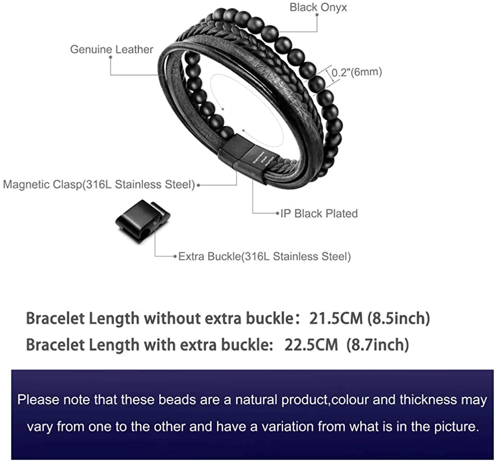 Beaded Lifestyle Black Onyx Bead Leather Bracelet for Men