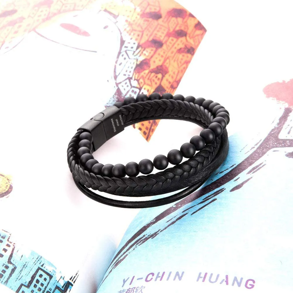Beaded Lifestyle Black Onyx Bead Leather Bracelet for Men