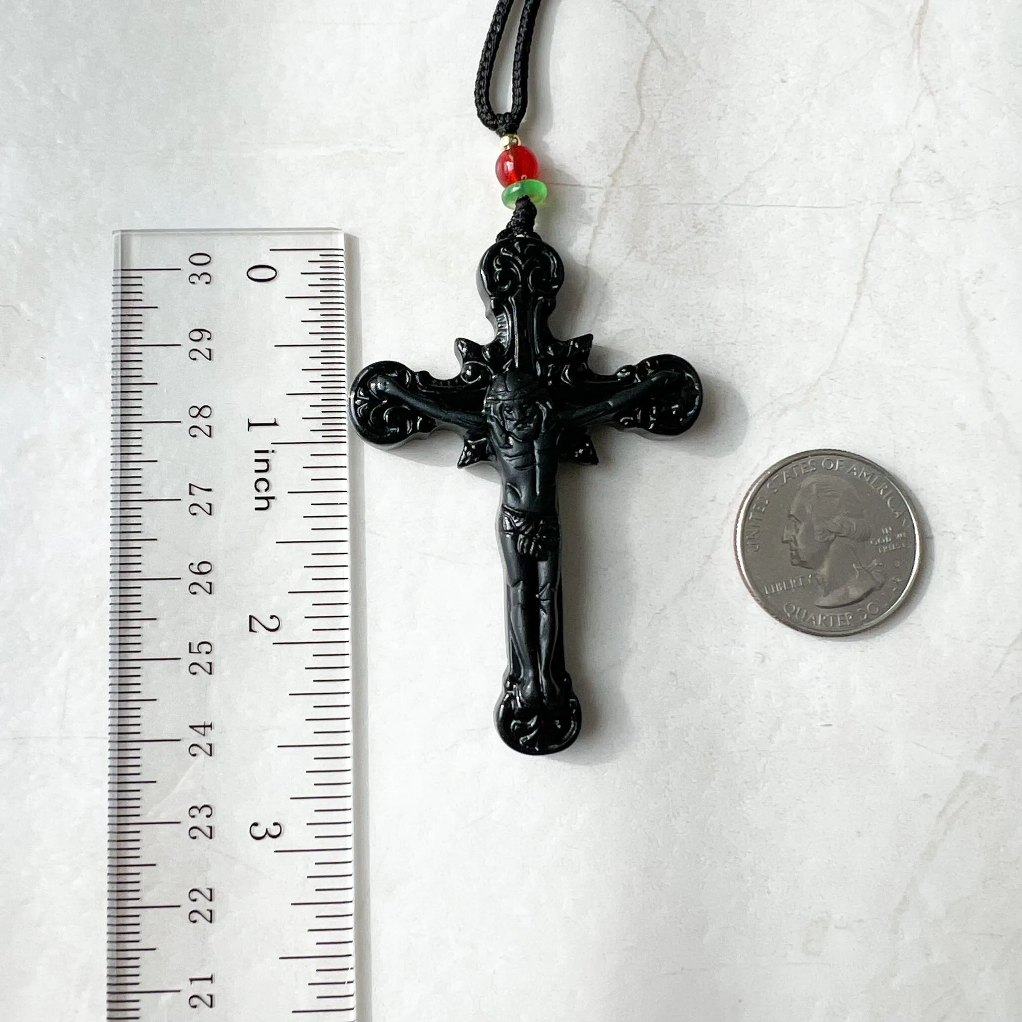 Black Jade Crucifix Cross Jesus, Jadeite Jade, Omphacite, Cross Carved Necklace, LGG-1221-1646866976