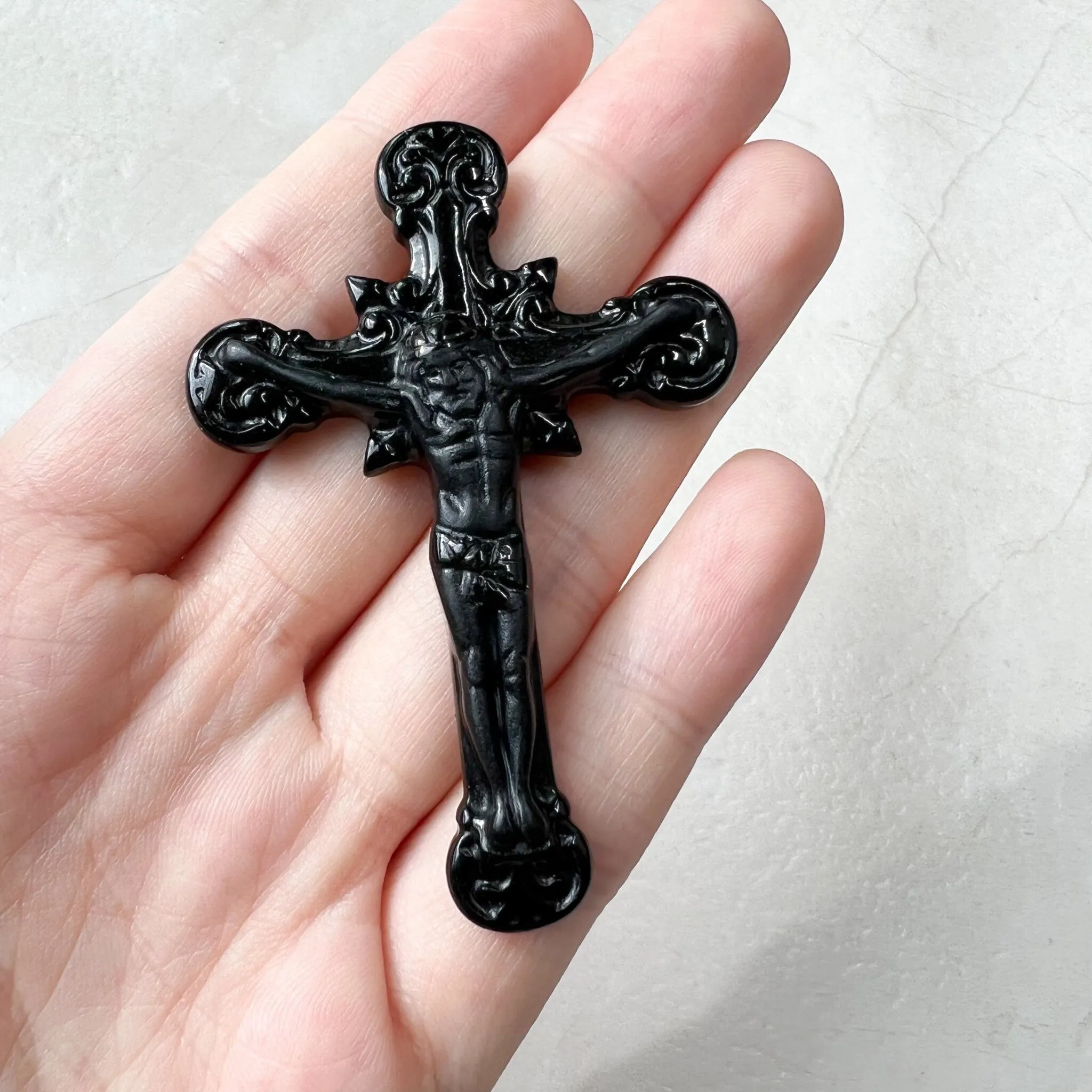 Black Jade Crucifix Cross Jesus, Jadeite Jade, Omphacite, Cross Carved Necklace, LGG-1221-1646866976