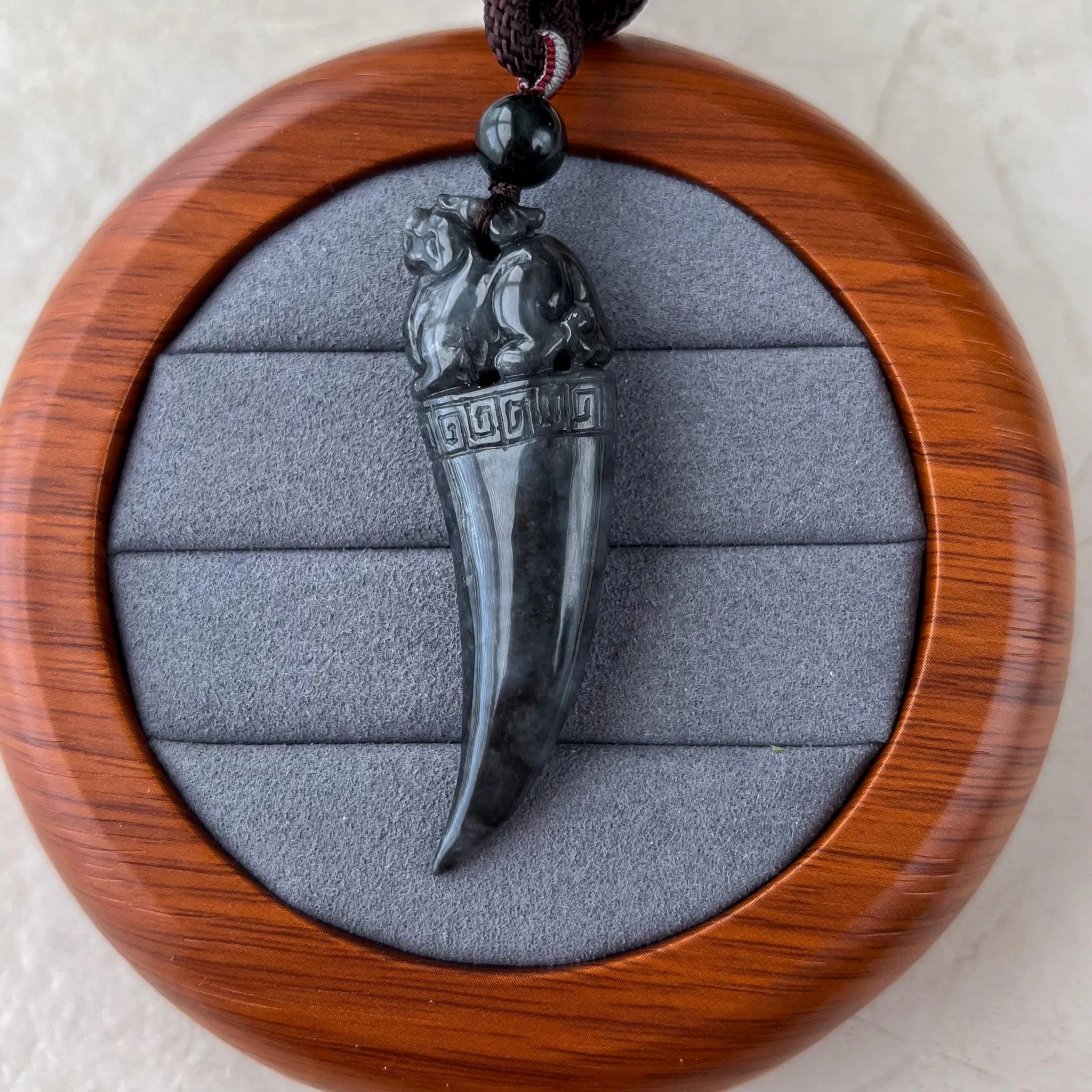 Black Jade Dragon Tooth with Pi Xiu, Black Jadeite Jade Hand Carved Pendant, Pixiu, 貔貅, WMC-0323-0001227