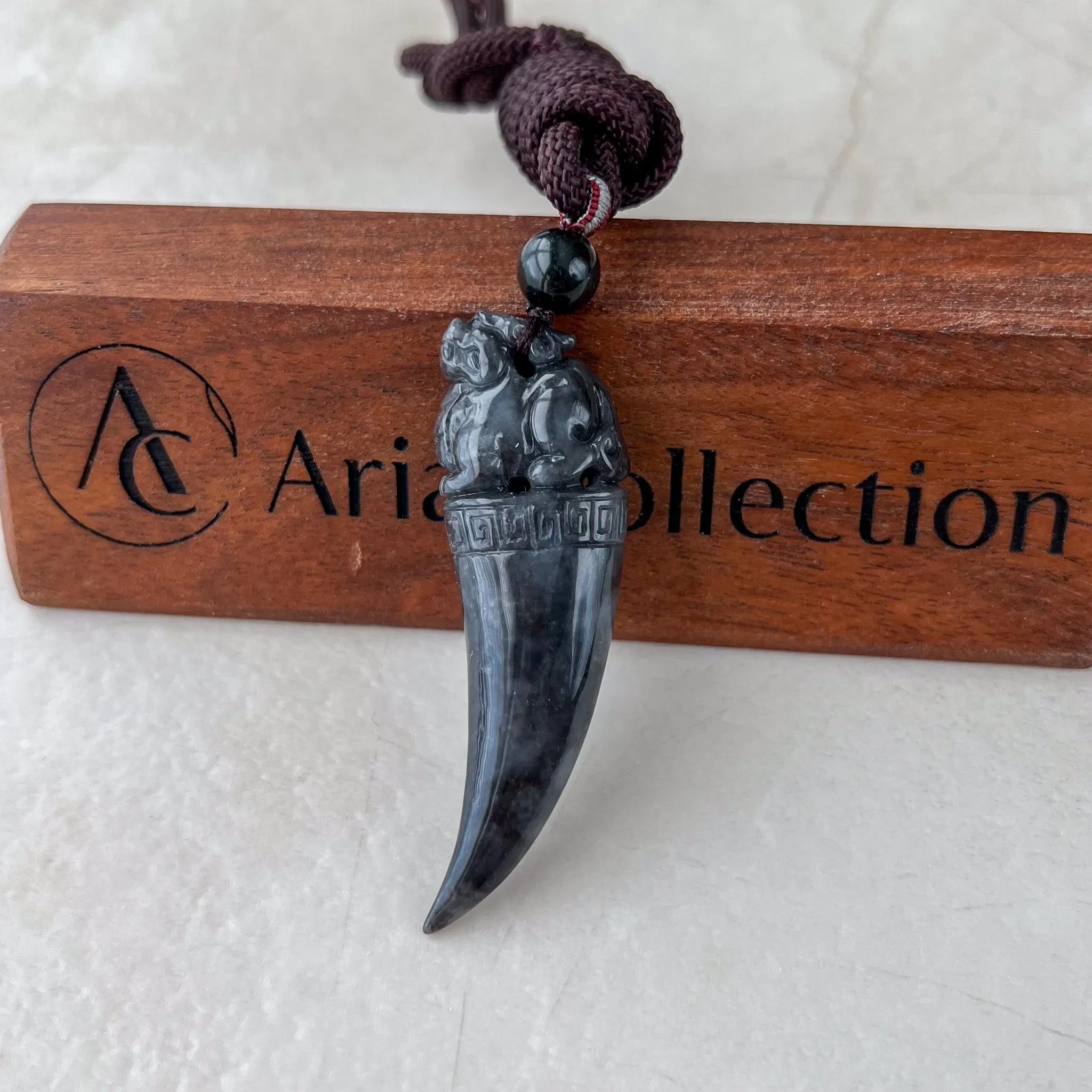 Black Jade Dragon Tooth with Pi Xiu, Black Jadeite Jade Hand Carved Pendant, Pixiu, 貔貅, WMC-0323-0001227