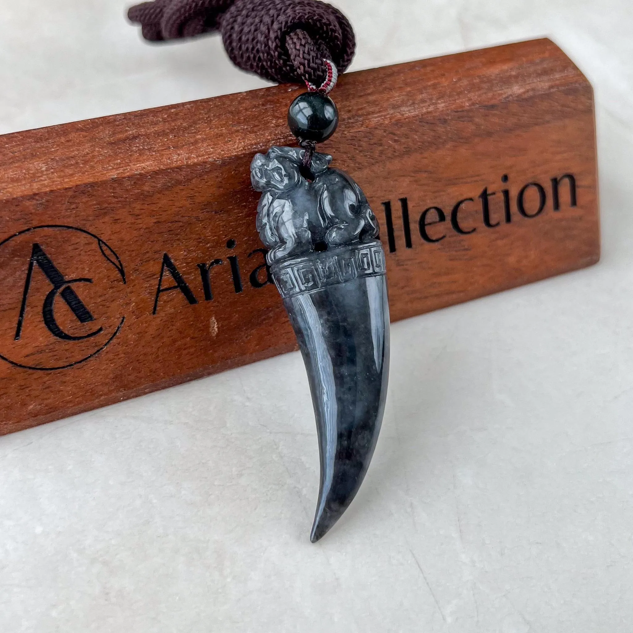 Black Jade Dragon Tooth with Pi Xiu, Black Jadeite Jade Hand Carved Pendant, Pixiu, 貔貅, WMC-0323-0001227