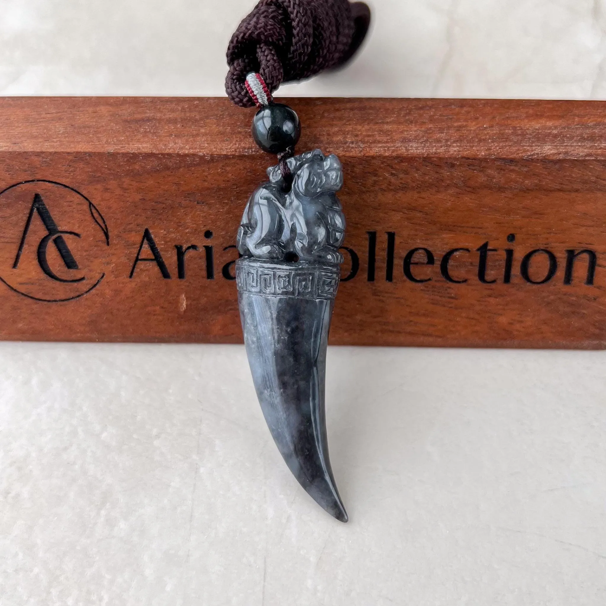 Black Jade Dragon Tooth with Pi Xiu, Black Jadeite Jade Hand Carved Pendant, Pixiu, 貔貅, WMC-0323-0001227