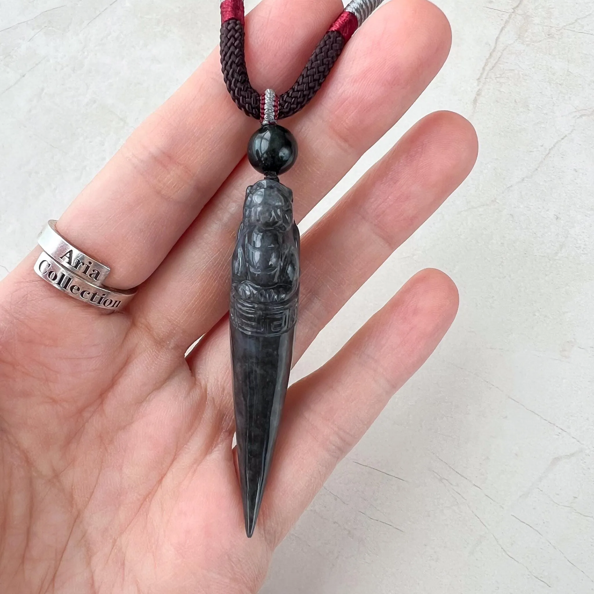 Black Jade Dragon Tooth with Pi Xiu, Black Jadeite Jade Hand Carved Pendant, Pixiu, 貔貅, WMC-0323-0001227