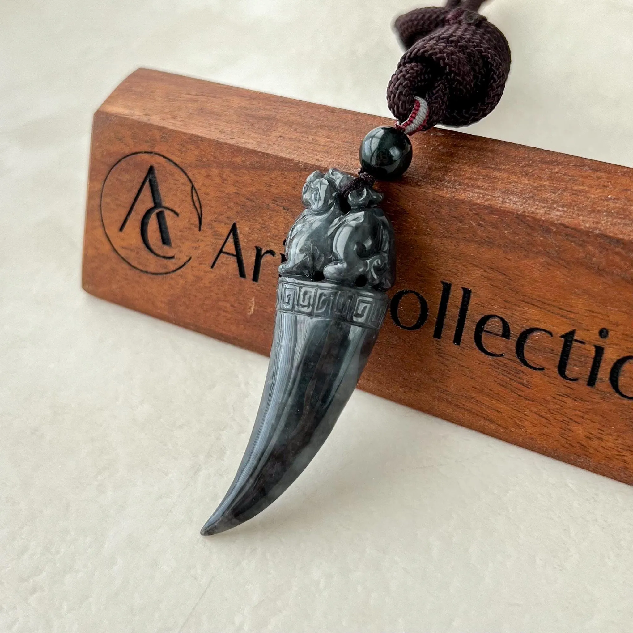 Black Jade Dragon Tooth with Pi Xiu, Black Jadeite Jade Hand Carved Pendant, Pixiu, 貔貅, WMC-0323-0001227
