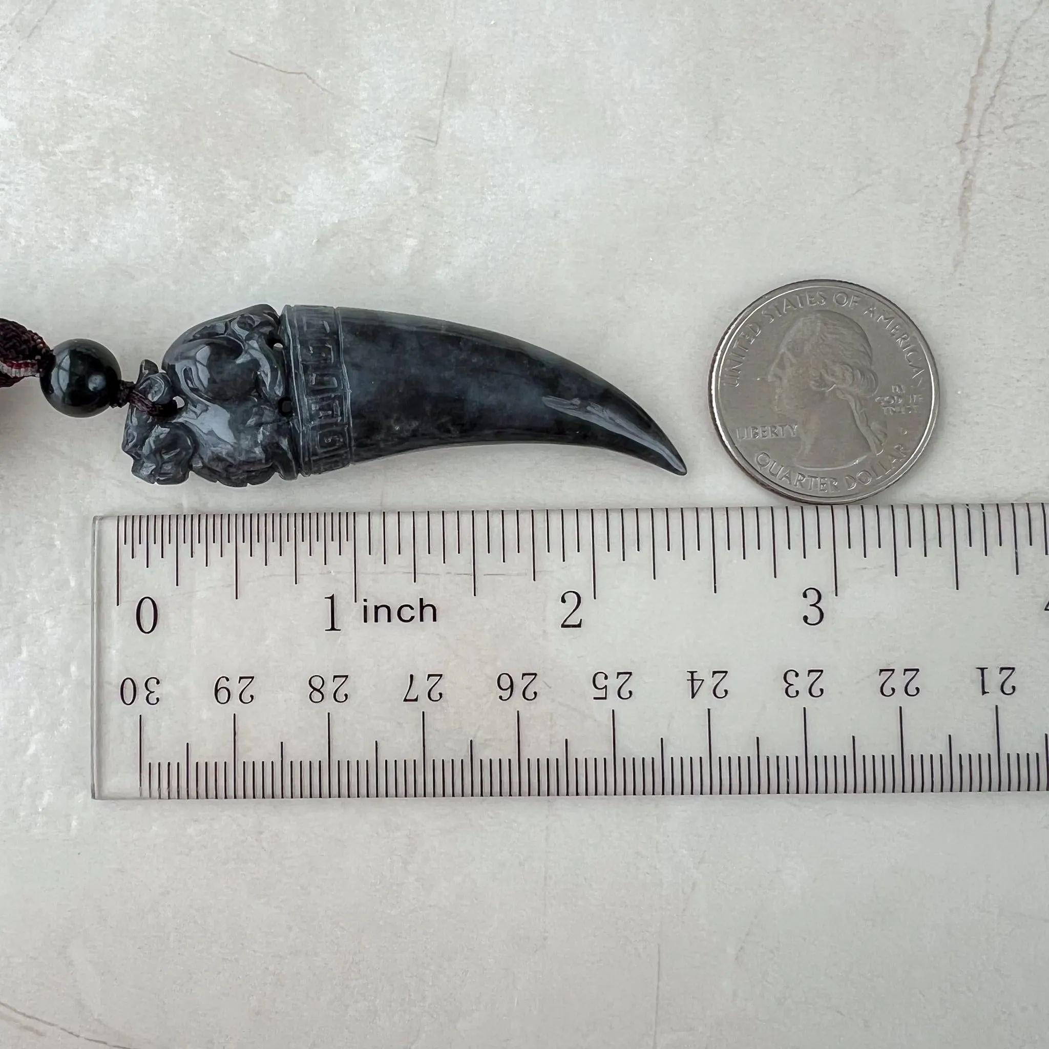 Black Jade Dragon Tooth with Pi Xiu, Black Jadeite Jade Hand Carved Pendant, Pixiu, 貔貅, WMC-0323-0001227