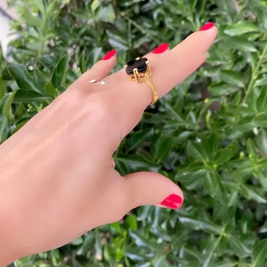 Black Onyx Clover Shaped Ring