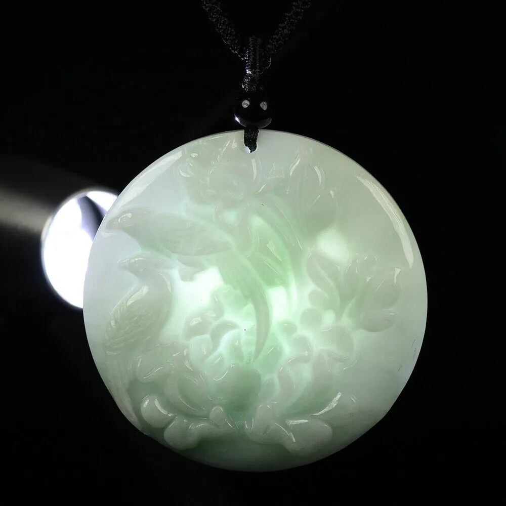 Certified Grade A Green Natural Jadeite Jade Pendant Handmade Birds Flower Necklace