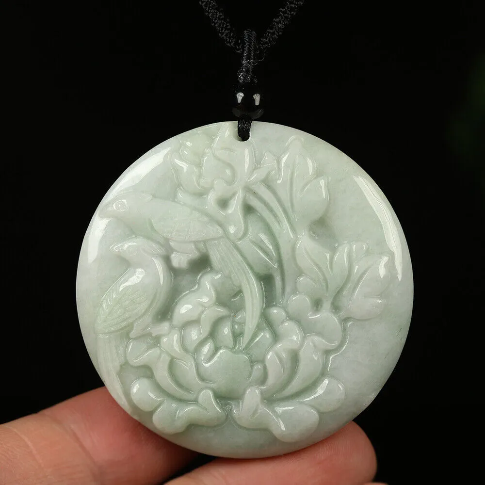 Certified Grade A Green Natural Jadeite Jade Pendant Handmade Birds Flower Necklace
