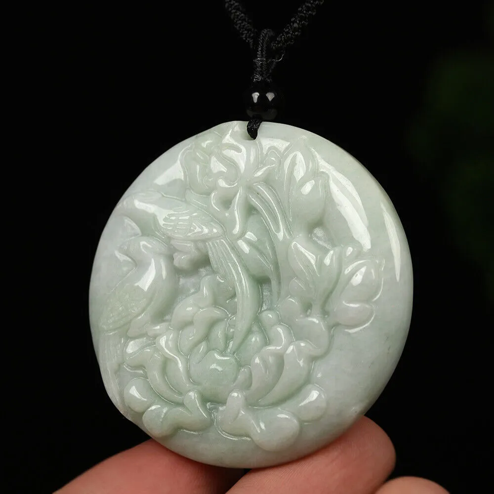 Certified Grade A Green Natural Jadeite Jade Pendant Handmade Birds Flower Necklace