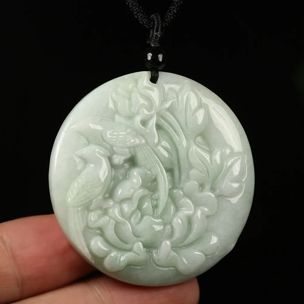 Certified Grade A Green Natural Jadeite Jade Pendant Handmade Birds Flower Necklace