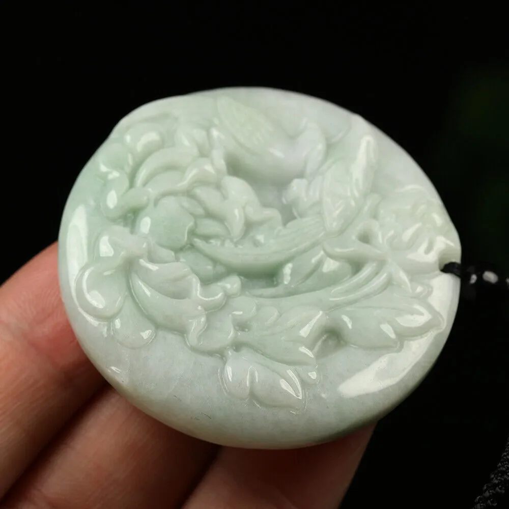 Certified Grade A Green Natural Jadeite Jade Pendant Handmade Birds Flower Necklace