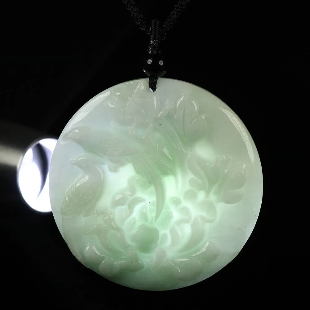 Certified Grade A Green Natural Jadeite Jade Pendant Handmade Birds Flower Necklace