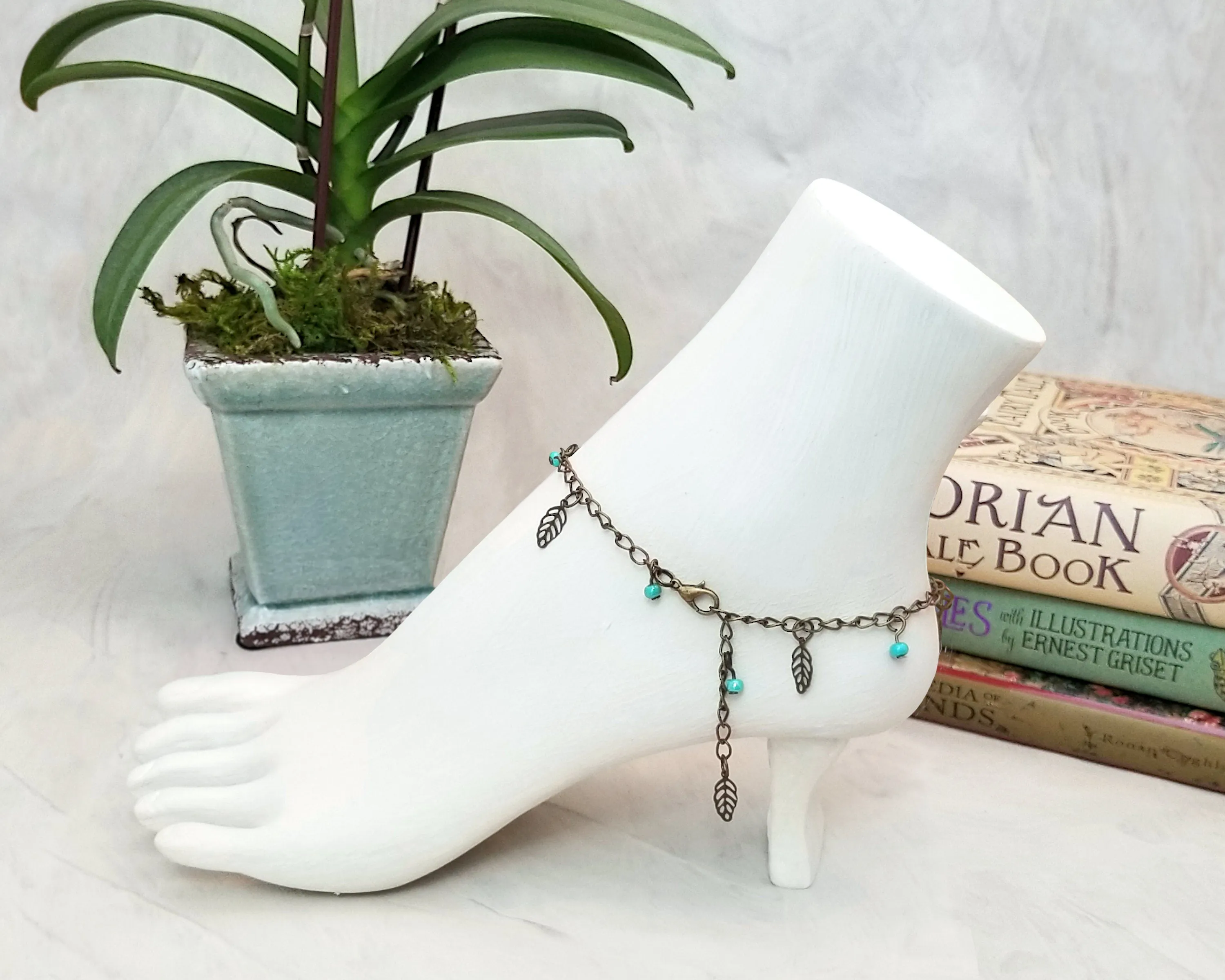 Chain Anklet or Bracelet in Turquoise Blue, Adjustable, Beach, Boho, Bohemian, Steampunk, Choice of Colors and Metals