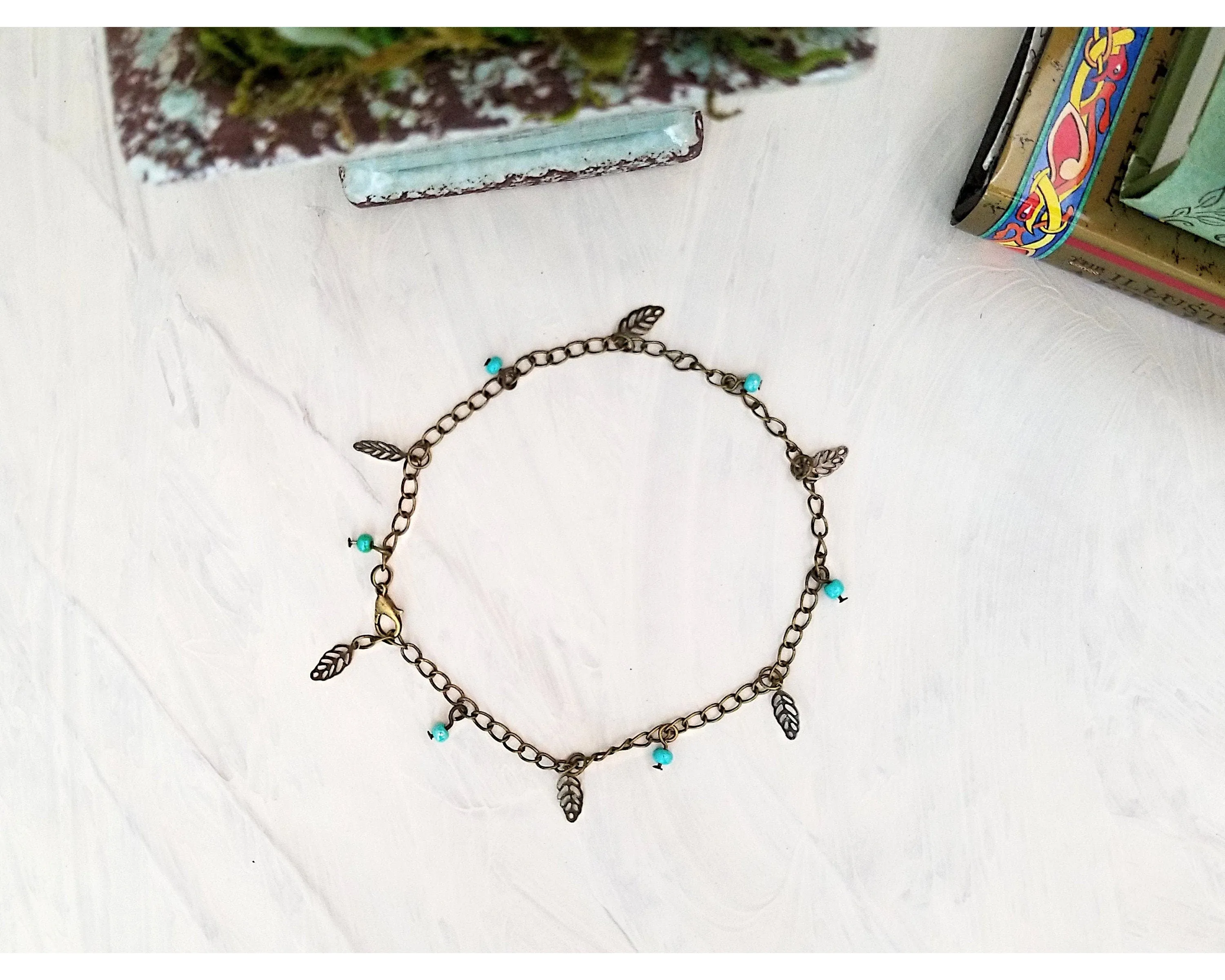 Chain Anklet or Bracelet in Turquoise Blue, Adjustable, Beach, Boho, Bohemian, Steampunk, Choice of Colors and Metals