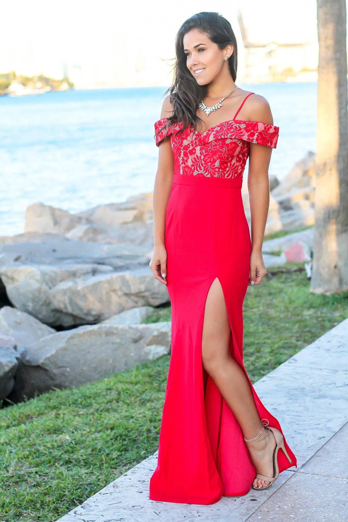 Dark Coral Off Shoulder Maxi Dress with Lace Top