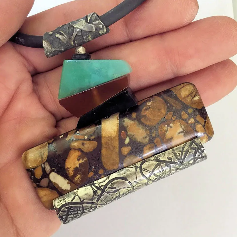 Dinosaur bone, Black Jade, Carnelian, Gem Silica and Mississippi Peanut Brickle Stone Pendant