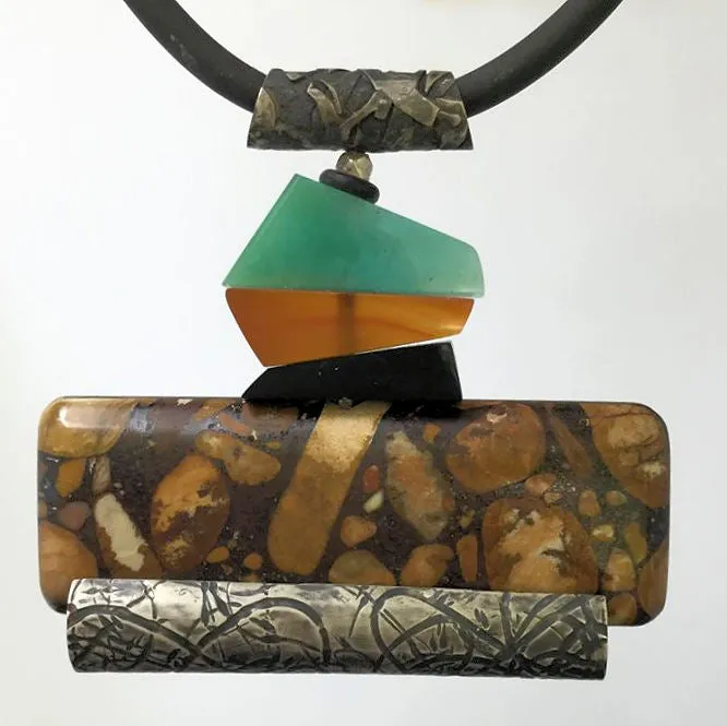 Dinosaur bone, Black Jade, Carnelian, Gem Silica and Mississippi Peanut Brickle Stone Pendant