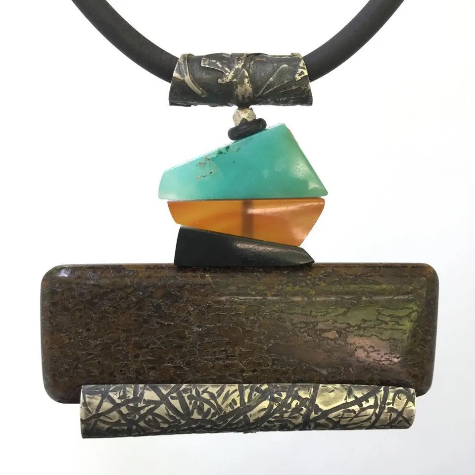 Dinosaur bone, Black Jade, Carnelian, Gem Silica and Mississippi Peanut Brickle Stone Pendant