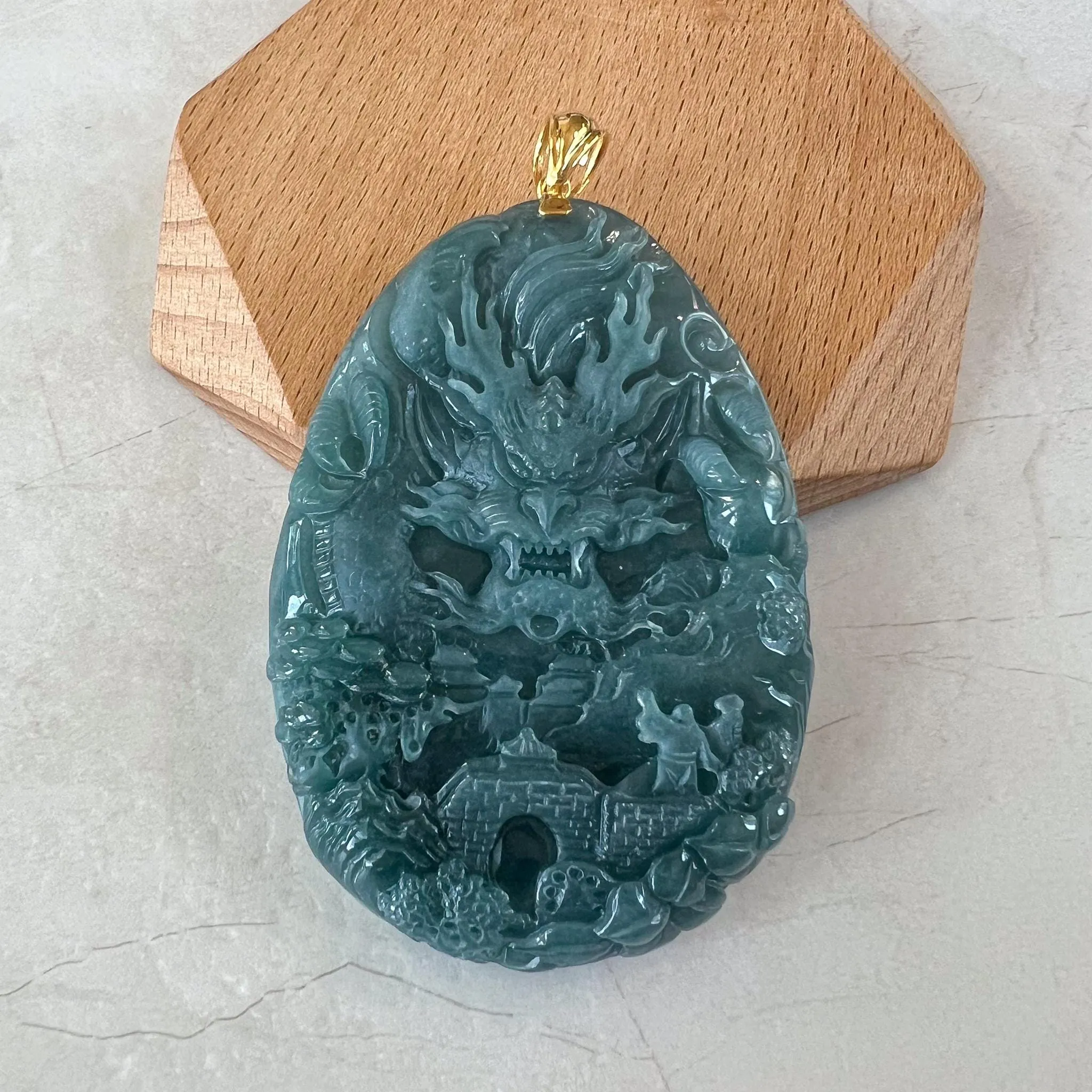 Dragon Landscape Jade Pendant, Very Large Jadeite Jade Hand Carved  Dragon Pendant with 18K Solid Gold, CAN-0424-1729968031
