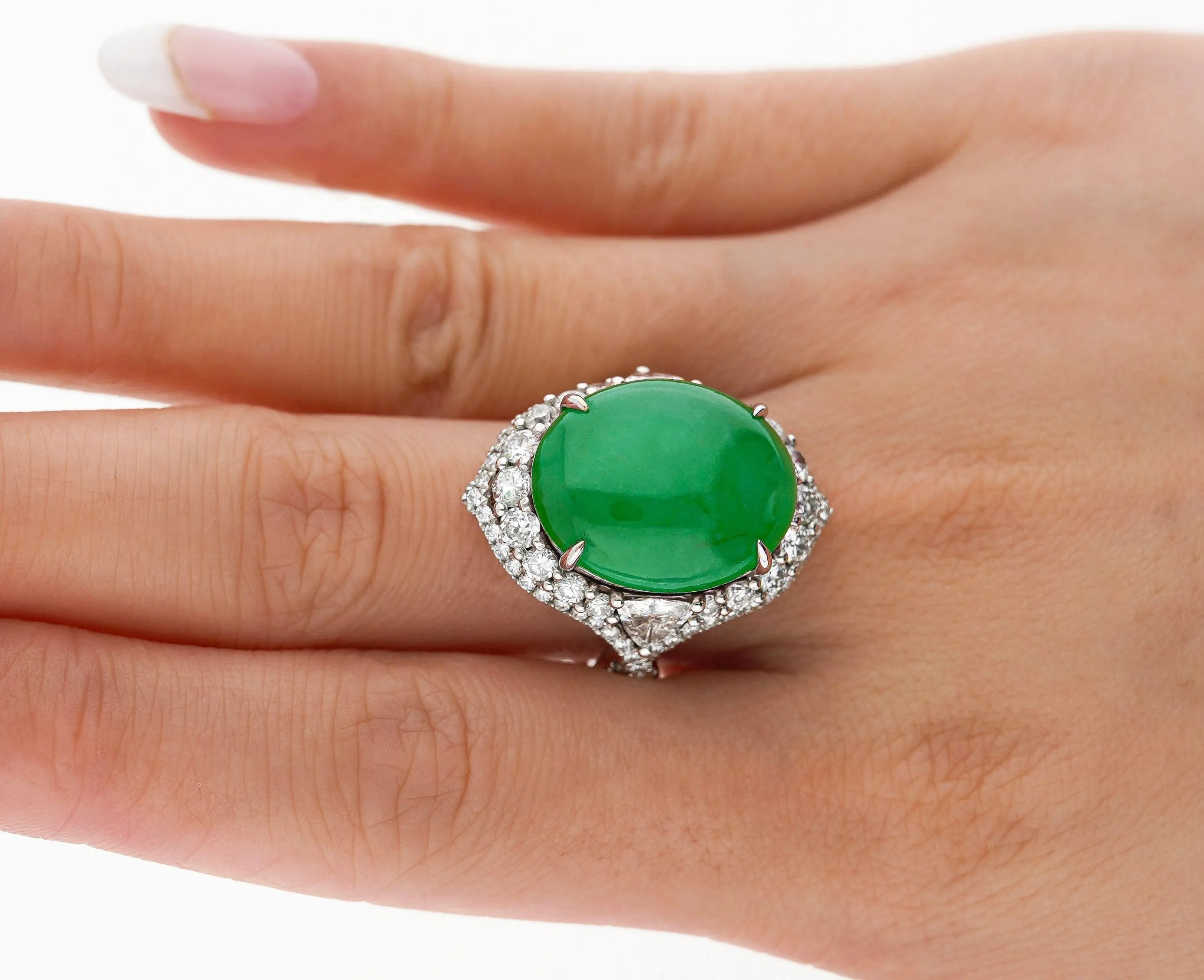 GIA Certified 14.68 Carat Grade A Jadeite Jade Ring with Diamond in 18K Gold