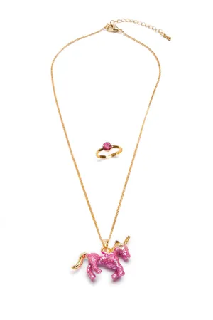 Great Pretenders Glitter Pink Unicorn Necklace & Ring Set